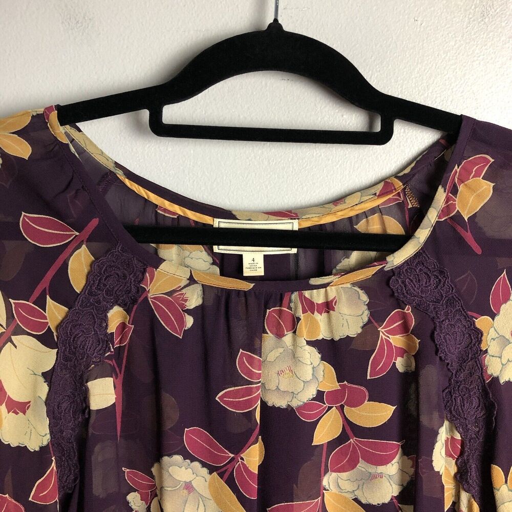 Anthropologie Moulinette Soeurs Blouse Womens 4 Sheer Floral Silk 3/4 Sleeve - Picture 2 of 15